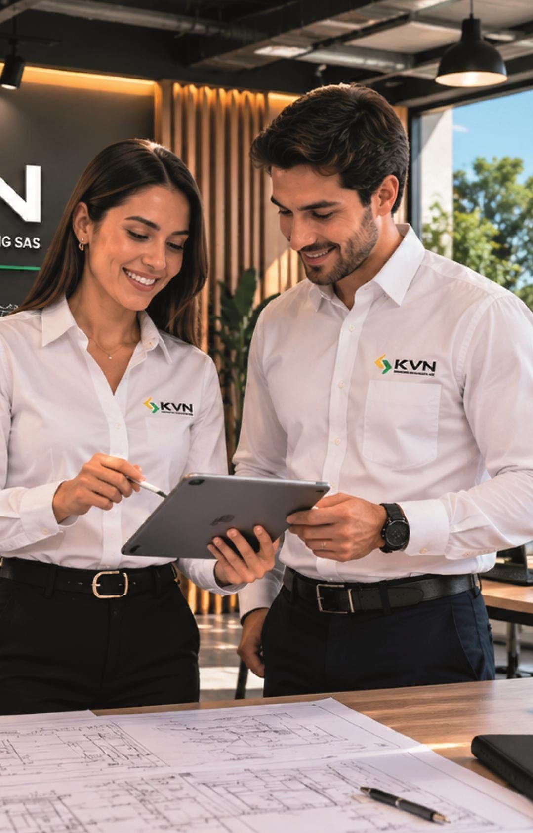 Dos integrantes del equipo de KVN Engineering revisan un proyecto en una tableta, con planos eléctricos sobre la mesa.