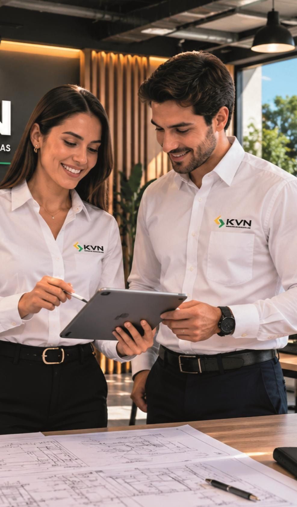 Dos integrantes del equipo de KVN, con camisa blanca de la marca, revisan un proyecto en una tableta junto a planos sobre la mesa.